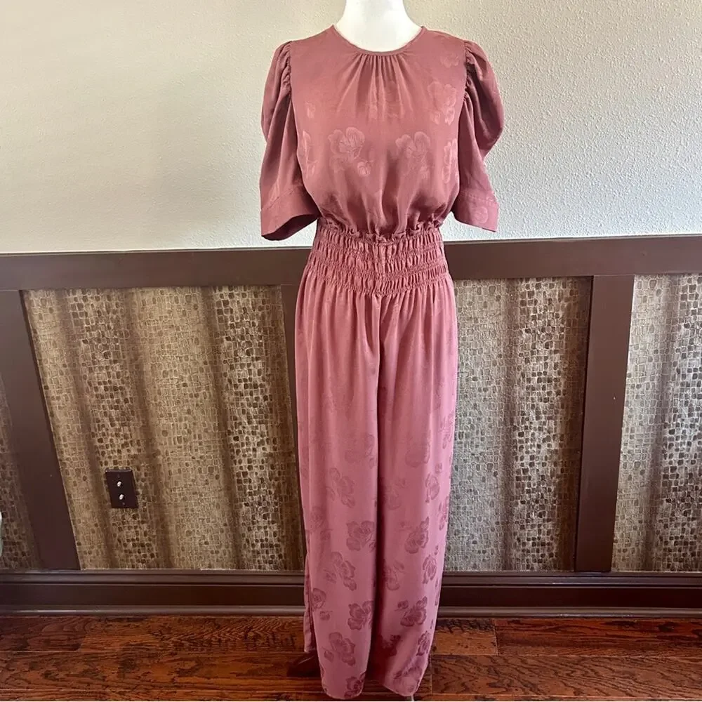 Anthropologie Castille Satin Jacquard Wide Leg Jumpsuit in Rose/Brown Sz Small